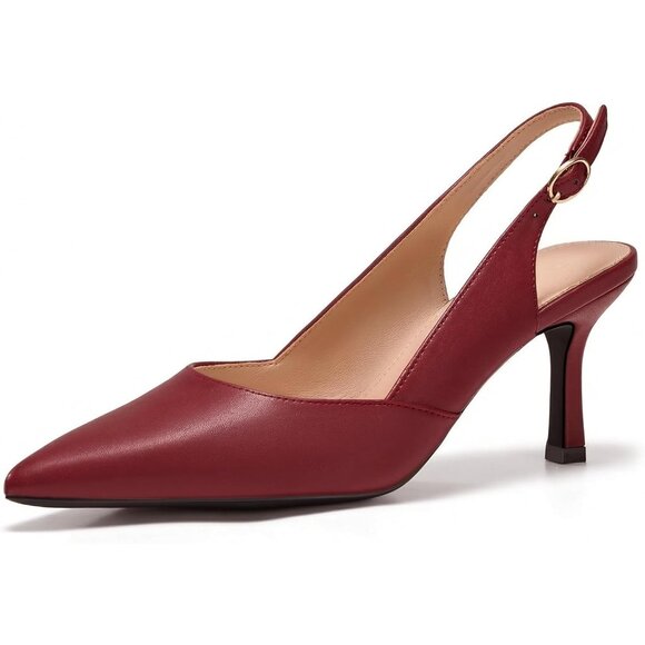 Shoes - Women's Burgundy Faux Leather Pointed Toe Slingback Stylish Buckle Pump Shoes